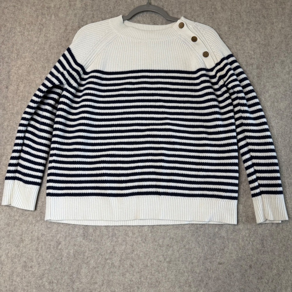 Woolovers Breton Stripe Button Shoulder Sweater Womens L White Navy Cotton Wool